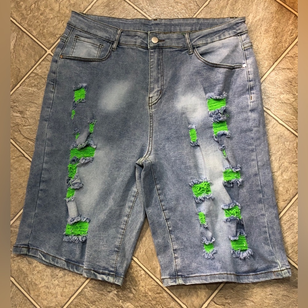 Denim Distressed Men's Shorts with Green Patch Detail